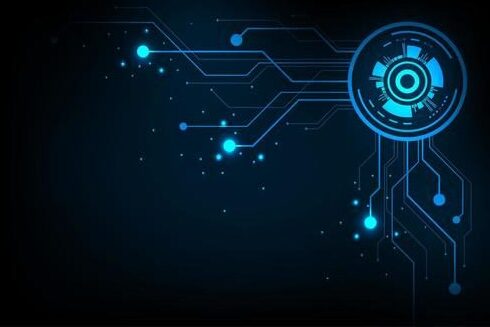 Glowing blue circuit board patterns and a circular digital interface on a dark background